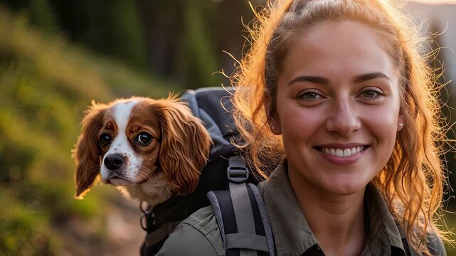 Young woman hiking on a forest trail with a small dog in her backpack. Female hiker smiling at the camera with her pet spaniel during golden hour. Outdoor adventure and pet travel concept