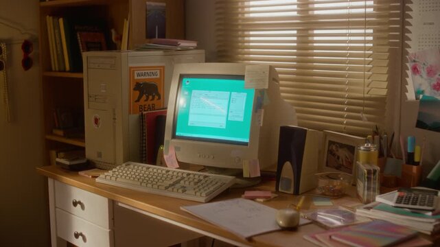 Retro computer setup sitting on wooden desk with CRT monitor displaying vintage operating system. Footage is perfect for nostalgic technology documentaries or retro marketing campaigns