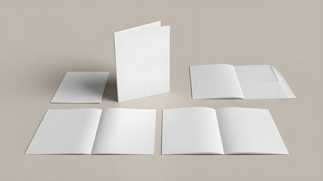 Set of blank stationery mockups including a closed folder, an open folder, and open brochures on a neutral background.