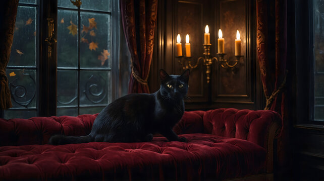 Black cat sitting on velvet sofa near candlestick