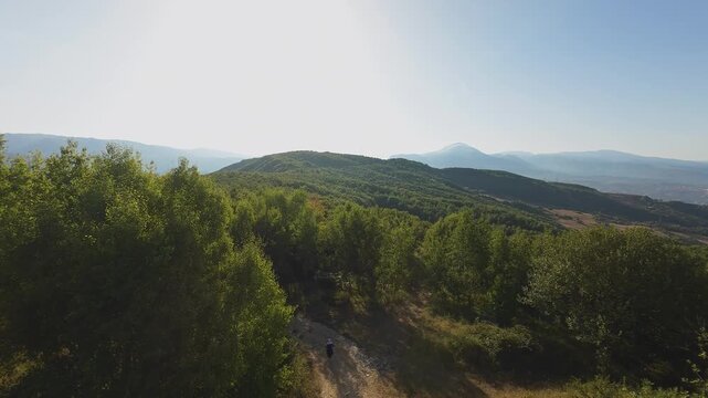 Aerial view of forested foothills and mountain valley in calm summer light