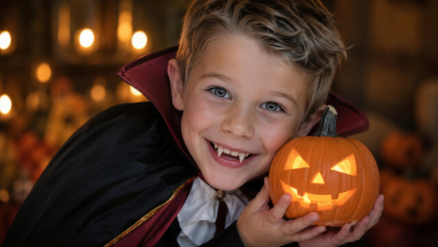 Smiling young boy in vampire costume holds a glowing jack-o-lantern in a cozy Halloween setting with warm lights and playful autumn charm