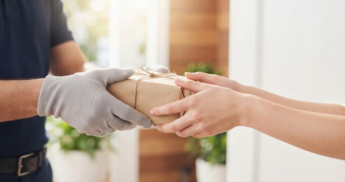 Package delivery with gloved courier hand handing parcel to recipient indoors, e-commerce shipping service.