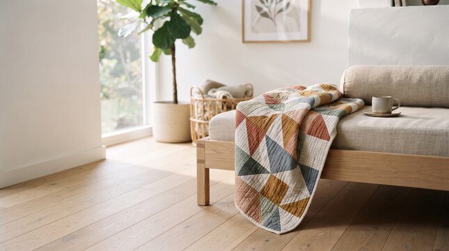 Patchwork blanket with geometric triangle patterns on a cozy bed  