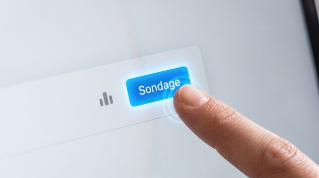 Sondage button on digital display, finger choosing, vote concept, polling process, statistical icon, interactive touchscreen, modern technology, blue interface, survey data input