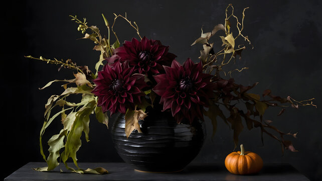 Dark moody floral bouquet arrangement still life