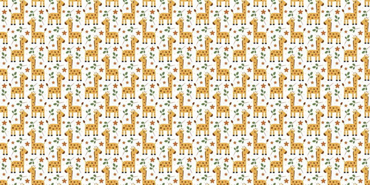 Giraffe seamless pattern with green leaves and stars. Giraffes repeating pattern for wrap