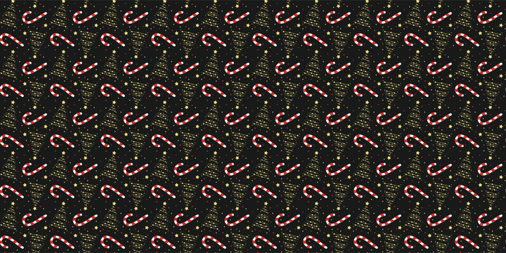 Christmas seamless pattern with candy canes and golden trees on dark background