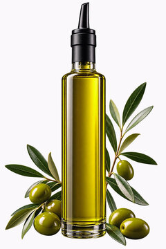 Glass bottle of extra virgin olive oil with fresh green olives and olive branches isolated on white background