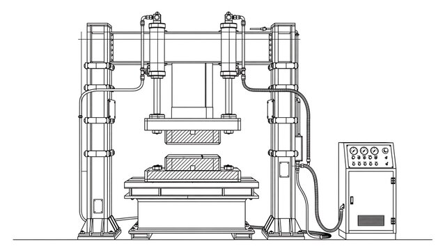 Industrial hydraulic press machine white background.