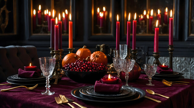 Spectacular Halloween party dinner table decoration with candles