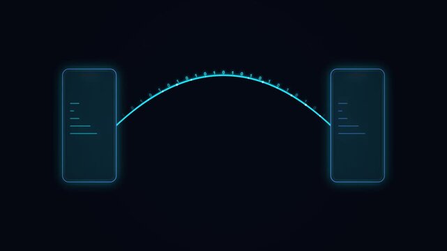 Glowing motion render showing data transfer between smartphones on dark background representing high speed wireless cloud connectivity and digital sync