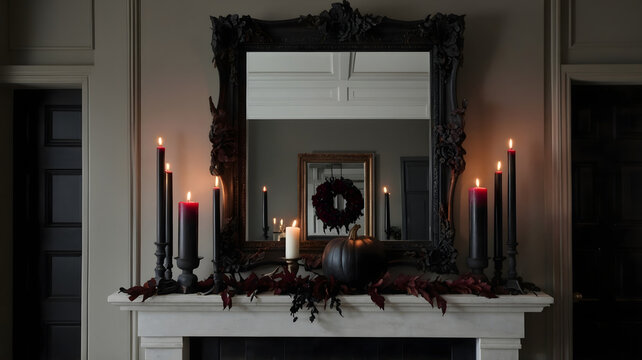 Vintage fireplace mantle with black candles still life