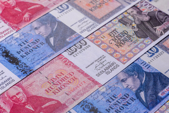 Iceland, Icelandic paper banknotes krona for settlements and financial transactions. Icelandic krona