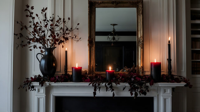 Dark gothic fireplace mantel Halloween decoration interior