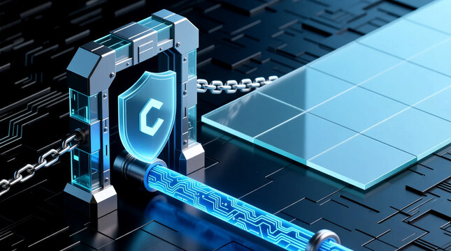 Securing digital assets with massive 3D isometric crystalline cryptographic gate for intellectual property innovation protection on futuristic circuit