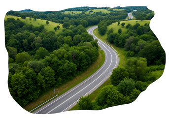 Fototapeta premium Winding asphalt road through lush green hills and trees on transparent background highway pathway route track thoroughfare curved