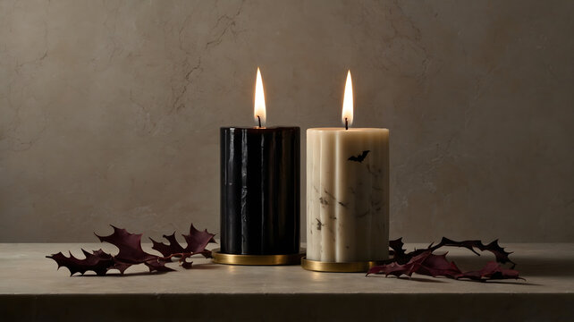 Elegant black and beige candles holiday still life