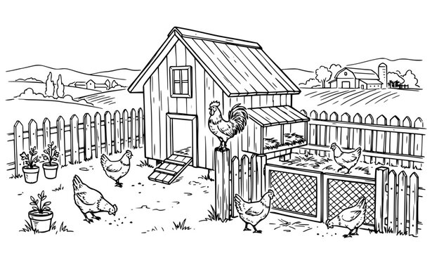 Rustic chicken coop with hens and rooster hand drawn farm vector illustration