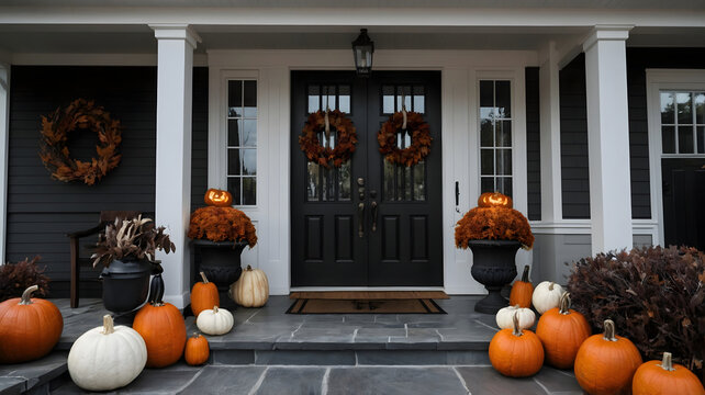 Cozy Halloween porch decoration with pumpkins and wreaths