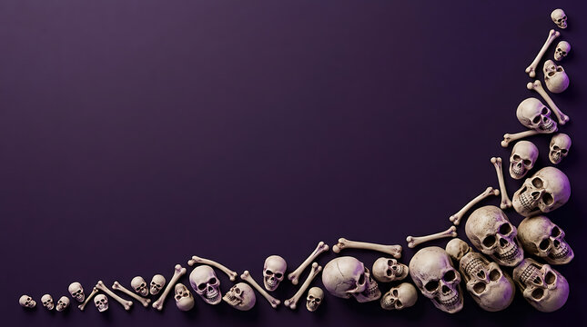 A creatively designed composition featuring human skulls and assorted bones carefully arranged in a striking diagonal pattern against a deep dark purple