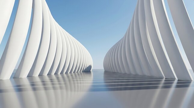 Futuristic white curved architecture with reflective water and clear blue sky backdrop