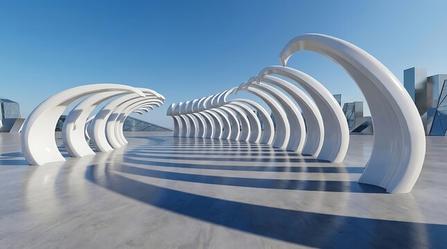 Modern white architectural wave structure under clear blue sky on urban plaza
