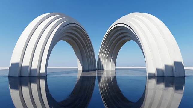Futuristic white architectural rings reflected in calm water under clear blue sky
