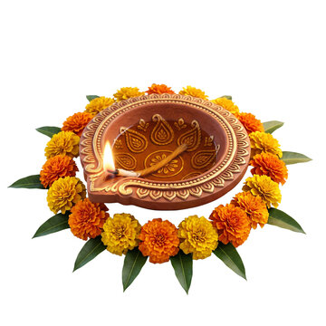 Photorealistic 3D Render of Decorated Diya with Floral Garland on Transparent Background