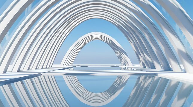 Futuristic white circular bridge reflected in calm blue water under clear sky