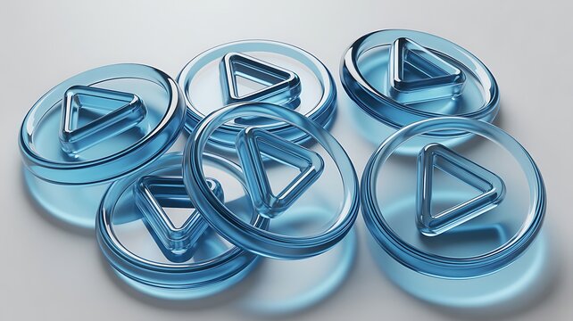 3d blue liquid glass play button set, translucent circle frame with triangle render. Glassmorphism ui element for start playing of video, audio or multimedia. Music and movies badge