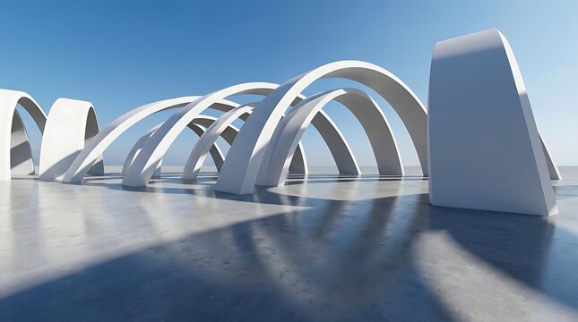 Futuristic white architectural arches on reflective surface under clear blue sky