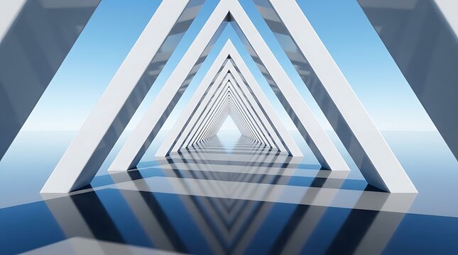 Infinite geometric tunnel with nested triangles and blue gradient sky reflection