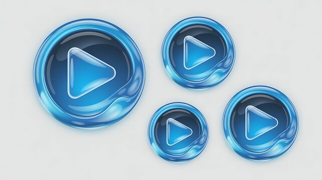 3d blue liquid glass play button set, translucent circle frame with triangle render. Glassmorphism ui element for start playing of video, audio or multimedia. Music and movies badge