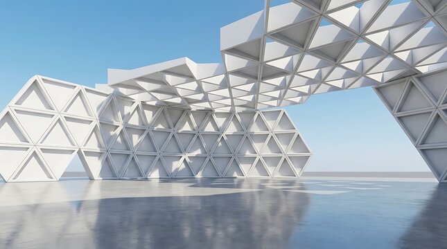 Futuristic geometric architecture with white triangular panels reflecting on water