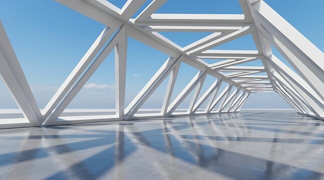 Modern white geometric bridge structure under clear blue sky with reflective floor