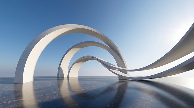 Modern white curved architectural bridge over calm sea at sunset with clear sky