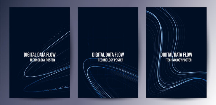 Technology Banner Poster set. Futuristic digital data wave glowing lines. Data science concept tech banner, corporate business presentation or booklet technology