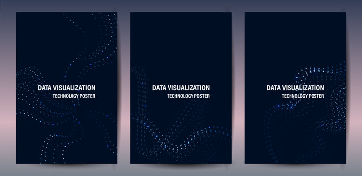 Big data concept technology poster set with blue wave particle glowing and data visualization