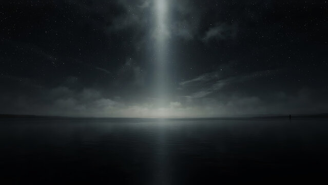 Serene moonlight landscape with ocean horizon and starry dark sky