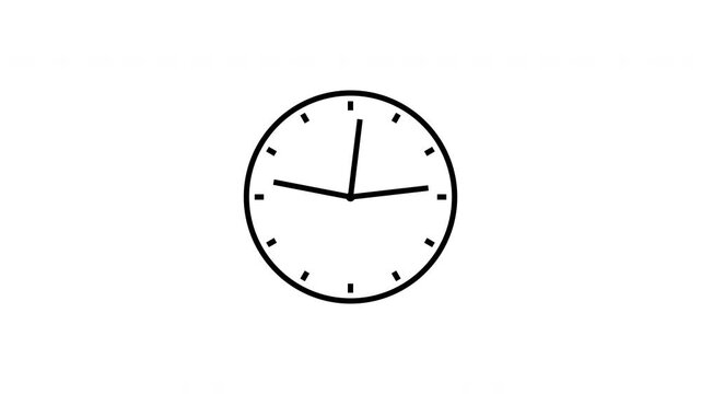 Black 12 hours clock spinning on white background, analog clock timer circle animated, clock with moving arrows, watch animation, animation for countdown and business project, 4k loop