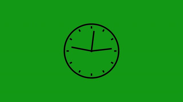 Black 12 hours clock spinning on green background, analog clock timer circle animated, clock with moving arrows, watch animation, animation for countdown and business project, 4k loop