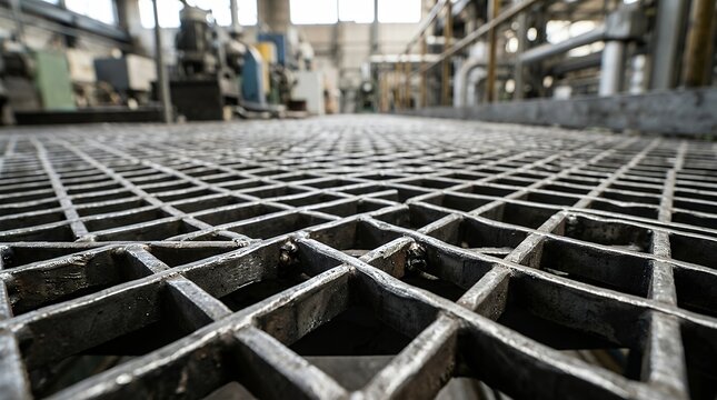 Macro perspective of an industrial alloy grid platform featuring sharp foreground clarity and receding depth of field  steel mesh grid pattern floor industrial metal textured perspective