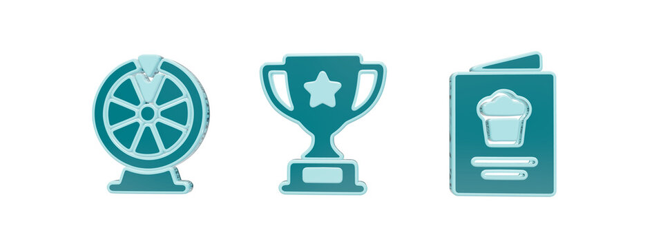 3D icons of a fortune wheel, a trophy cup, and a recipe book with a chef hat symbol isolated on a transparent background
