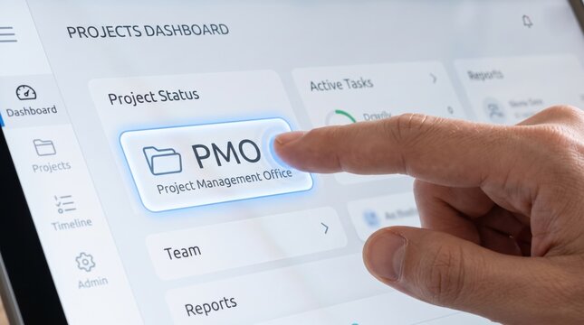 PMO Project Management Office folder icon selection. Hand touching tablet screen software dashboard interface. Project status selection for business organization workflow planning digital control
