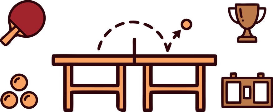 Table Tennis and Ping Pong Sport Line Icon Set Featuring Game Table, Net, Paddle Racket, Bouncing Balls, Winner Trophy, and Scoreboard Outline Elements
