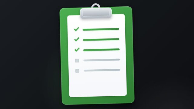 A vibrant green clipboard with a metallic clip securely holds a checklist featuring three completed tasks marked by checkmarks, ideal for organizational and planning concepts