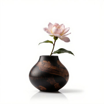 Blackened Wood Burnt. Charred wooden vessel with shou sugi ban technique holding single Camellia (camellia) perfect bloom, Japanese aesthetic, white