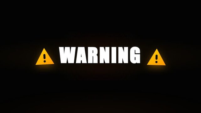 A prominent warning sign featuring bold, yellow exclamation marks flanking the word warning, designed to grab attention and signal caution in a dark environment
