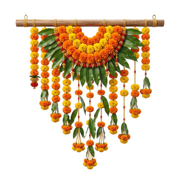 Photorealistic 3D Render of Toran with Marigolds and Mango Leaves on Transparent Background